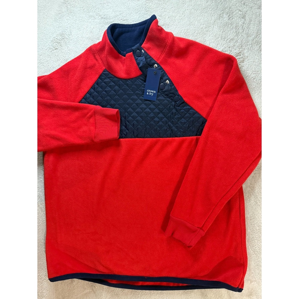 NWT CROWN & IVY Women's Sz Petite XL Side Snap Mock Neck Fleece Pullover Red